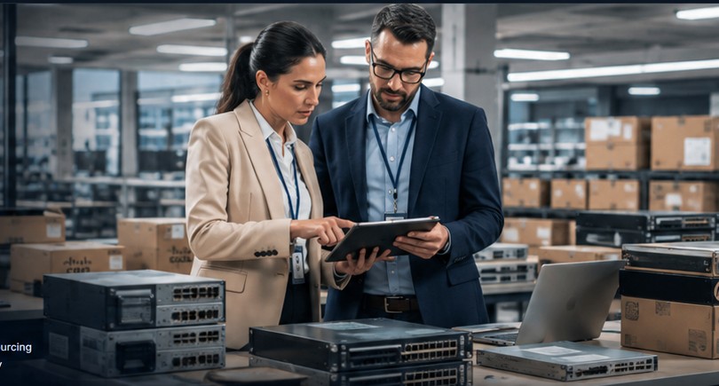 Enterprise technology procurement specialists reviewing network and computing equipment