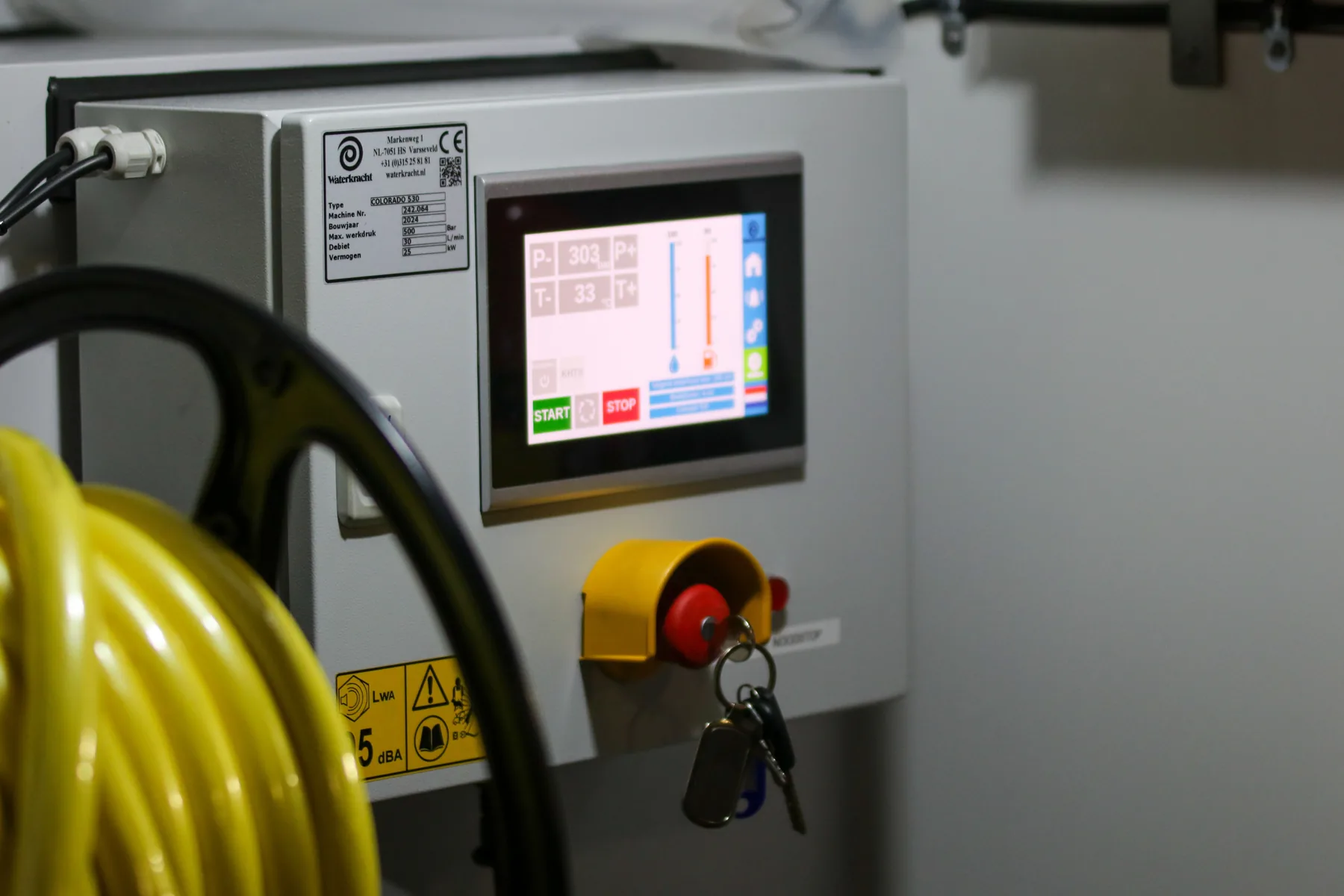 Industrial machine control panel with HMI and safety controls