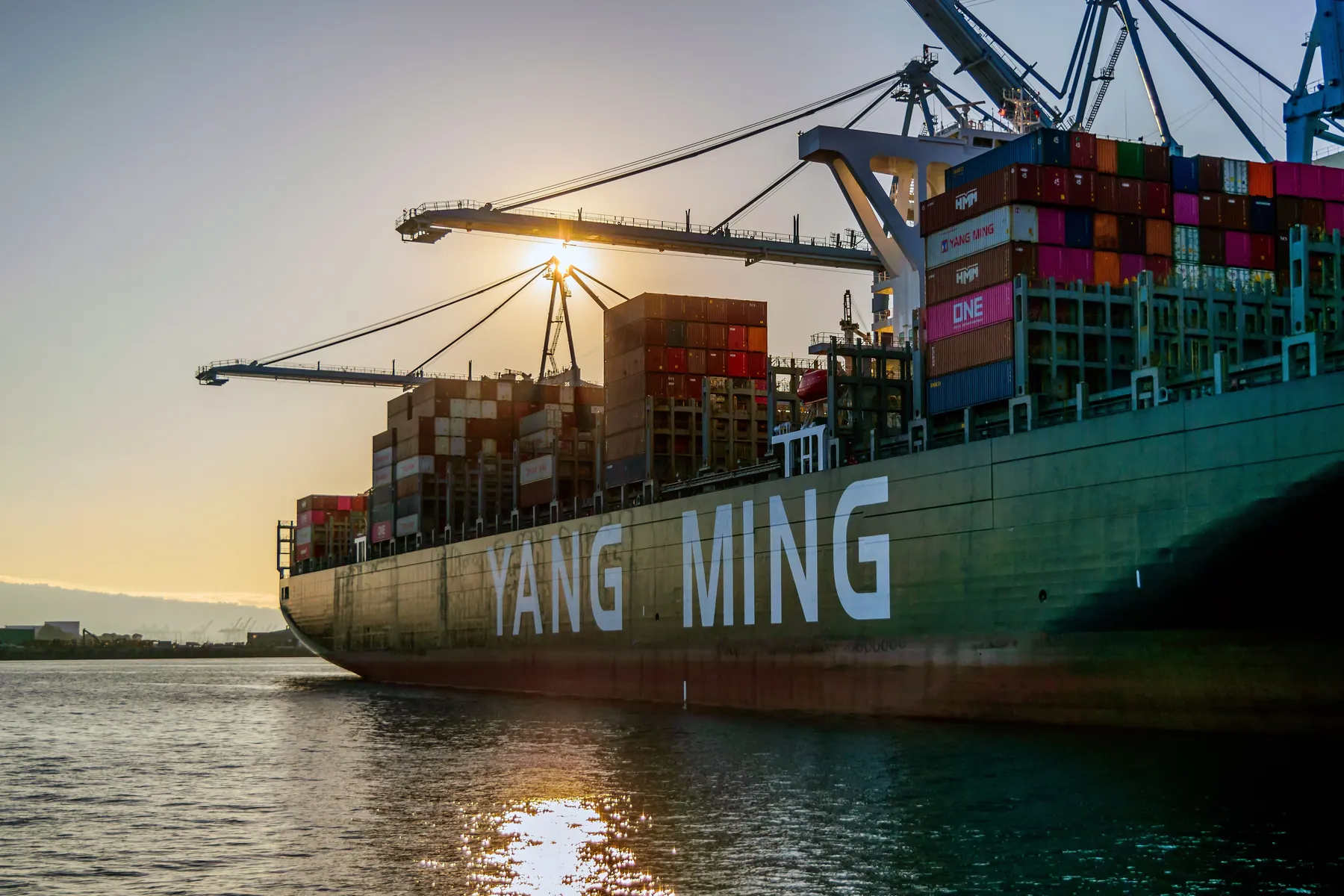 Container ship being loaded at an international port